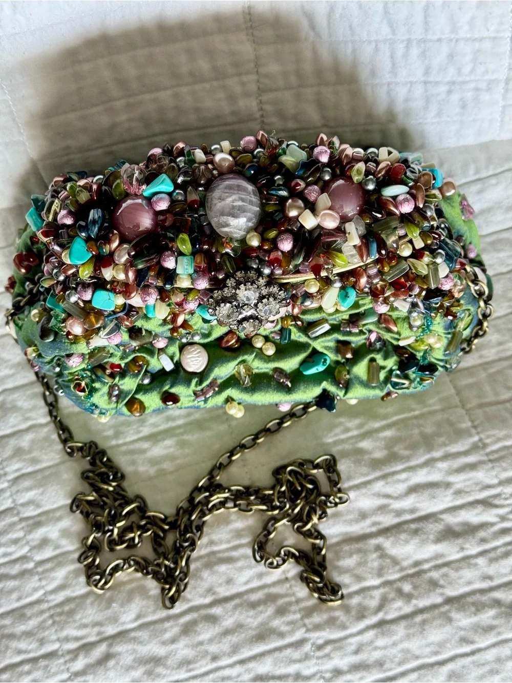 Vintage Mary Frances Beaded Green Embellished Evening Clutch with Chain